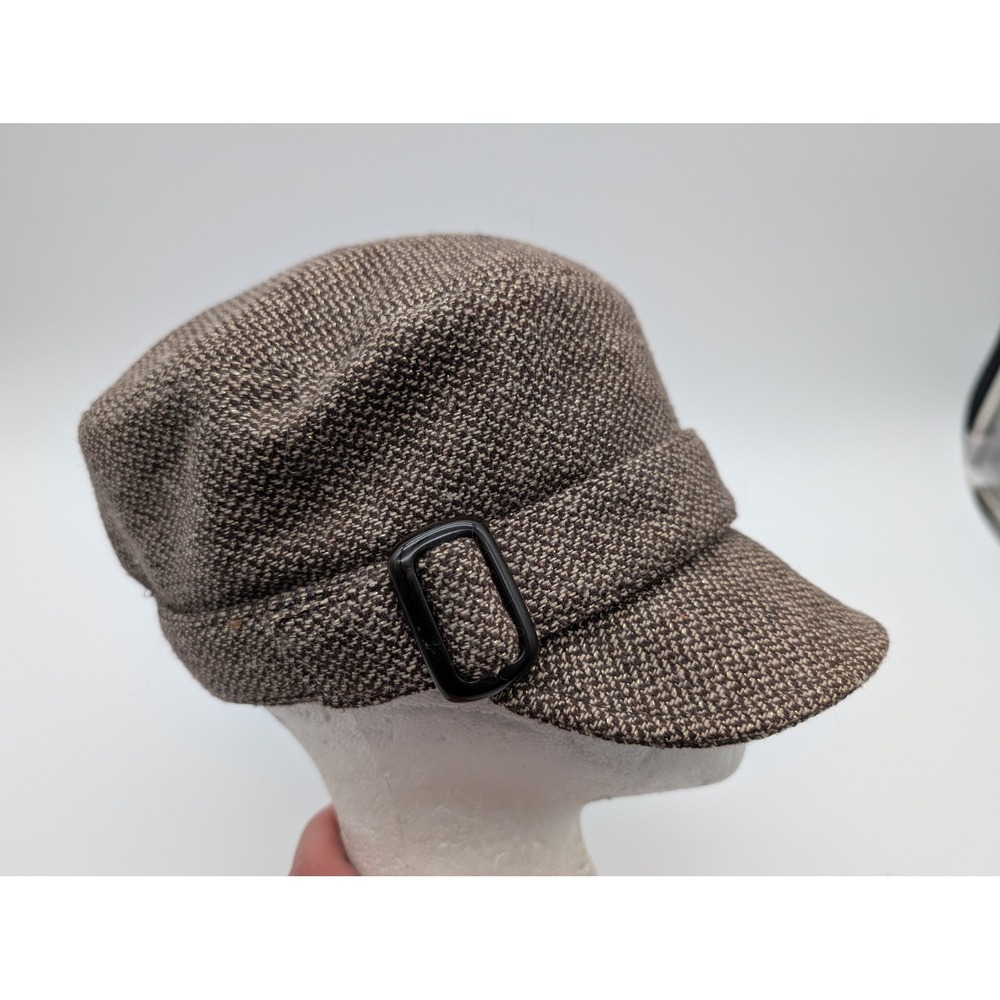 Trixie Brown Tweed Newsboy Cap Hat with Metallic Gold Thread and Side Buckle